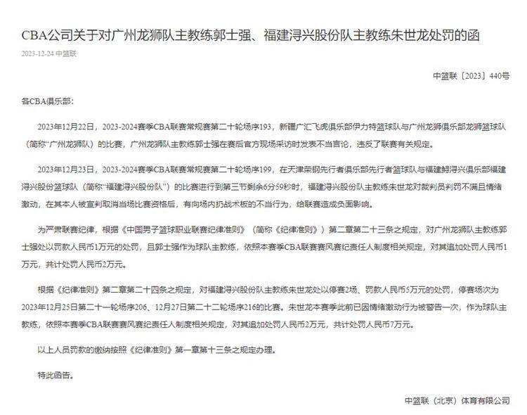 CBA官方再出罚单！郭士强罚款2万，朱世龙禁赛1场+罚款7万