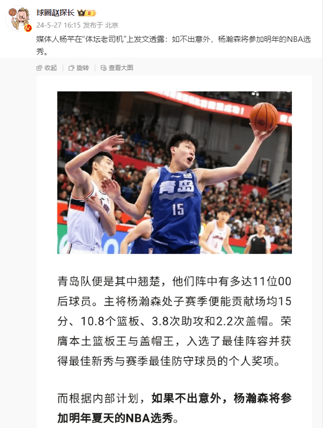 曝杨瀚森参加NBA选秀，刘维伟要送他去见见世面，能被谁选中呢？